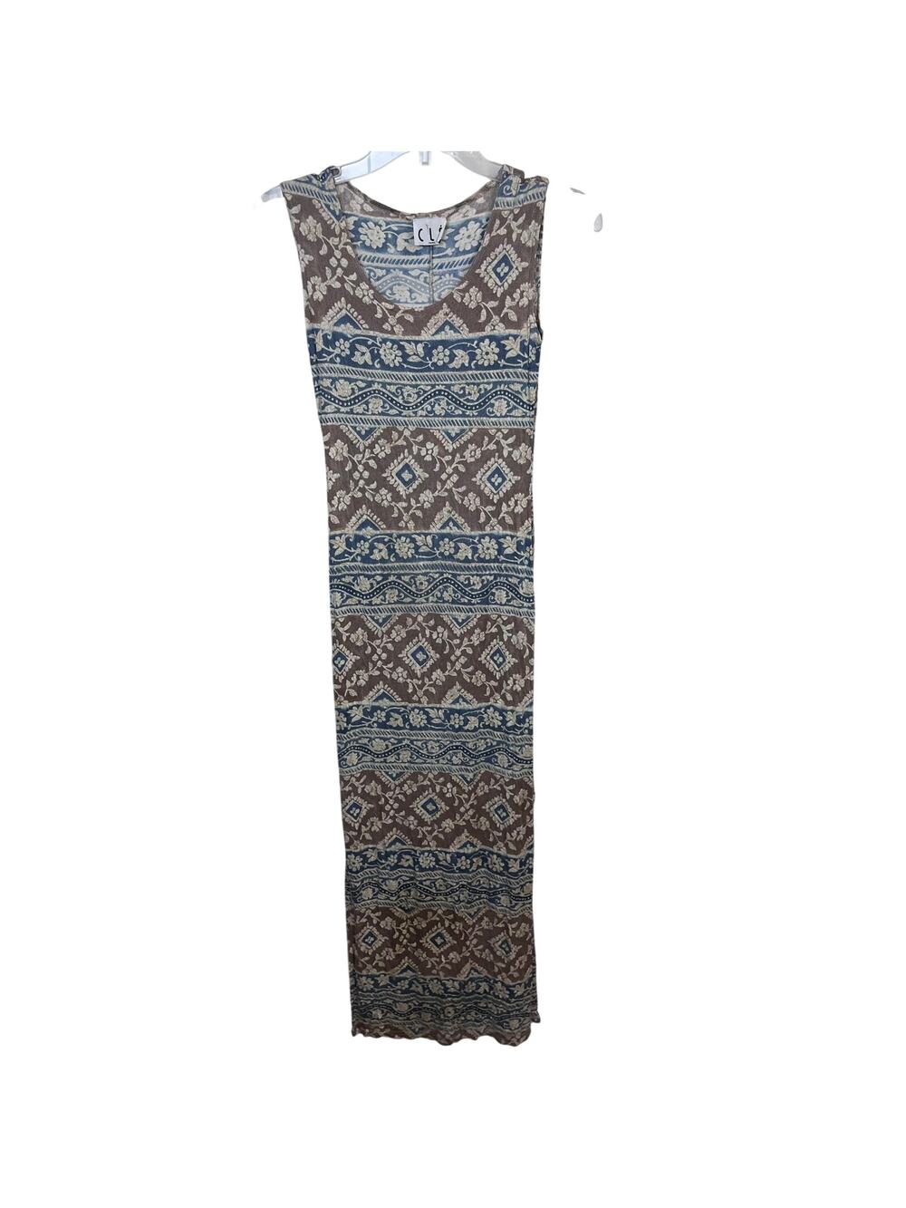 Cle Paris Vintage 90s Brown Blue Floral Sheer Stretch Dress XS